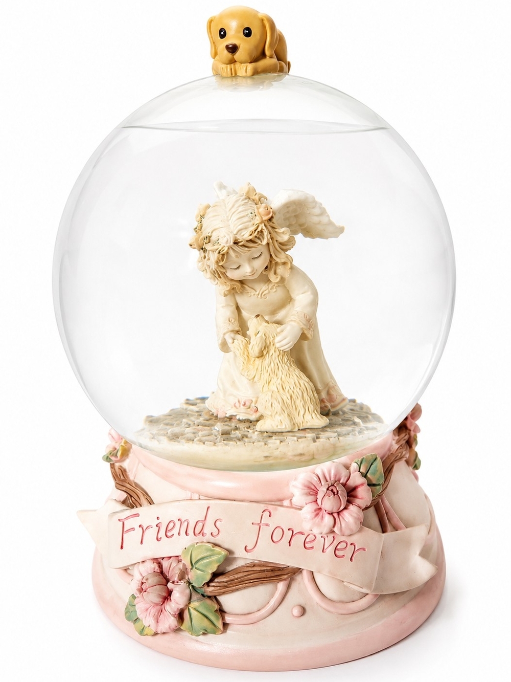 Pink 'Friends Forever' Angel & Puppy Glass Globe